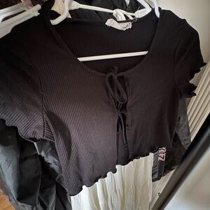 Black Ribbed Crop Top with Tie Detail